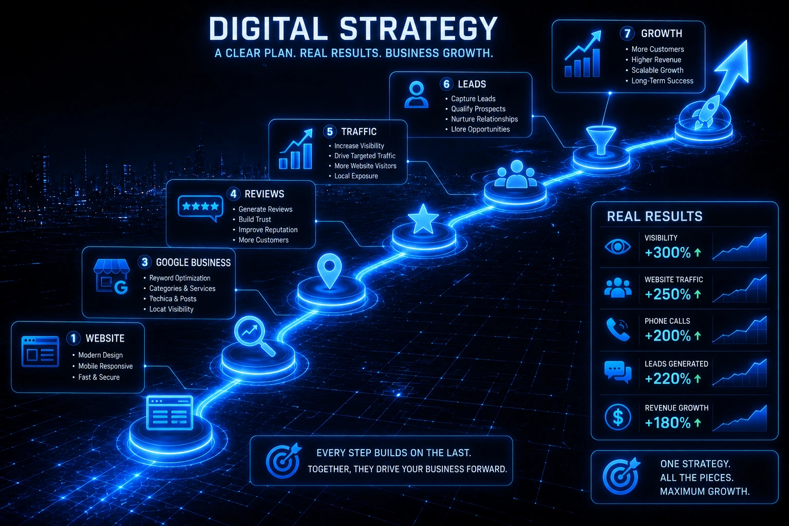 Digital strategy roadmap combining website design, local SEO, Google Business optimization, reputation management, lead generation, and business growth.