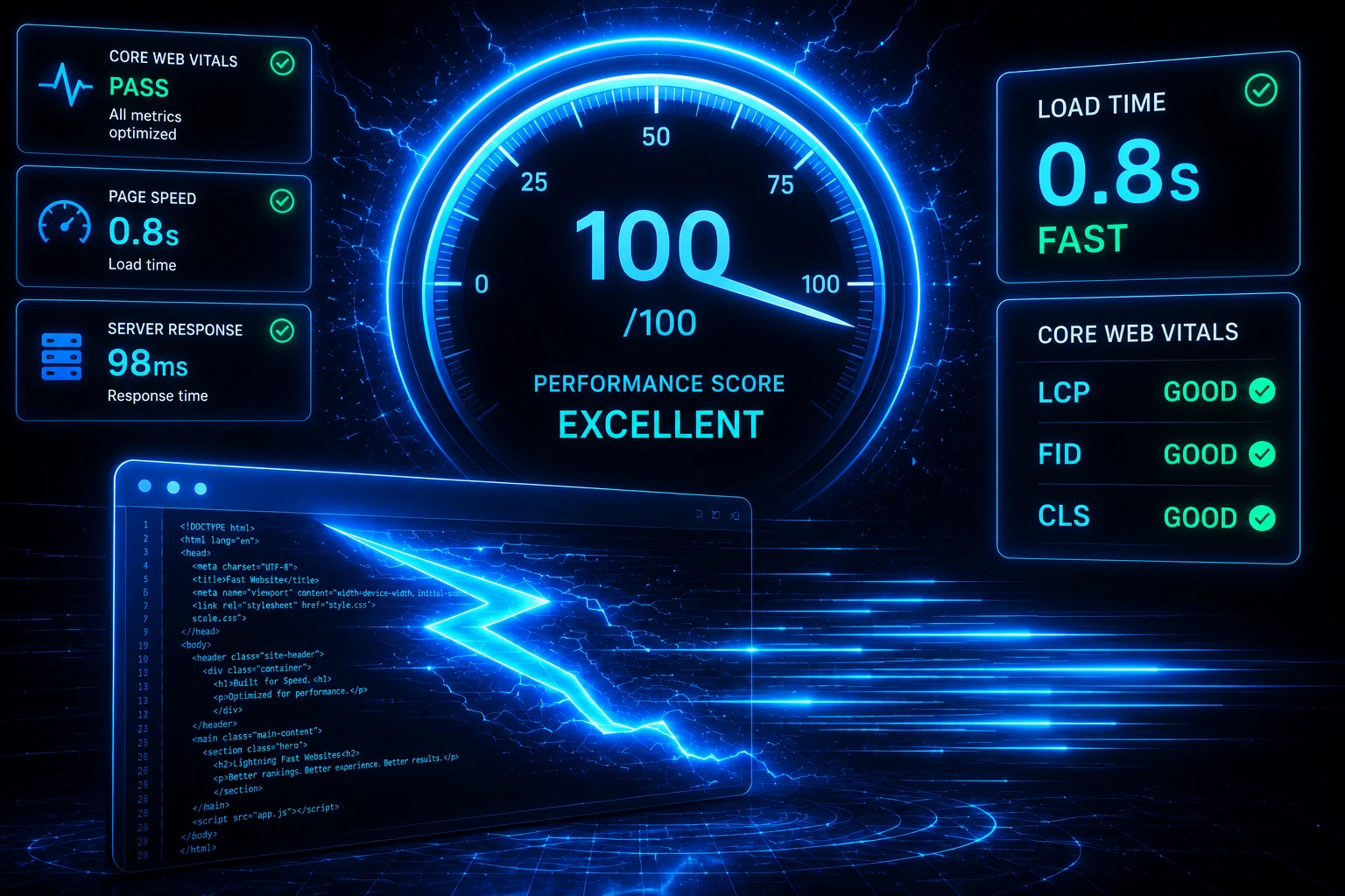 Website performance optimization improving Core Web Vitals, page speed, mobile experience, and search engine rankings.